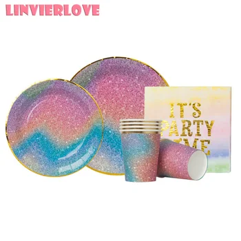 

1Pack Rainbow Starry sky Happy Birthday Disposable Cup Plate Napkins For Baby Shower Wedding Unicorn Baloon Decoration Supplies