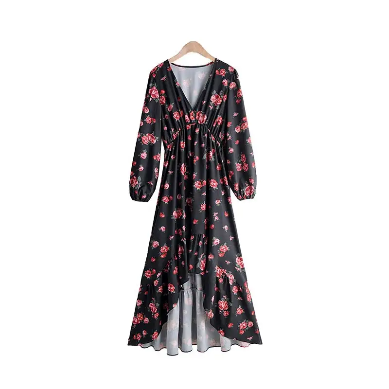 Vadim женское платье макси в стиле ретро с цветочным узором, v-образный вырез, эластичная талия, необычные длинные рукава, женские длинные платья, vestidos QC658 - Цвет: black