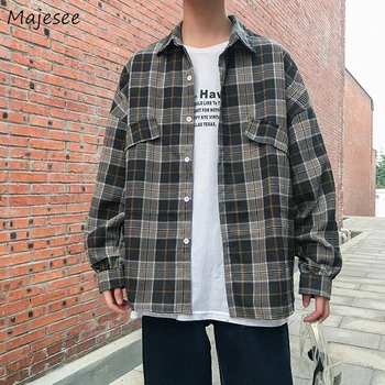 

Men Shirt Long Sleeve Tops Plaid Retro Single Breasted Simple All Match Mens Shirts Korean Fashion Clothing Plus Size Loose Chic