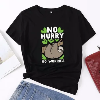 

Women T Shirt Cotton Summer 5XL Plus Size Lazy Sloth No Hurry Print Short Sleeve Lady Tees Tops Casual O-Neck Female Basic Shirt