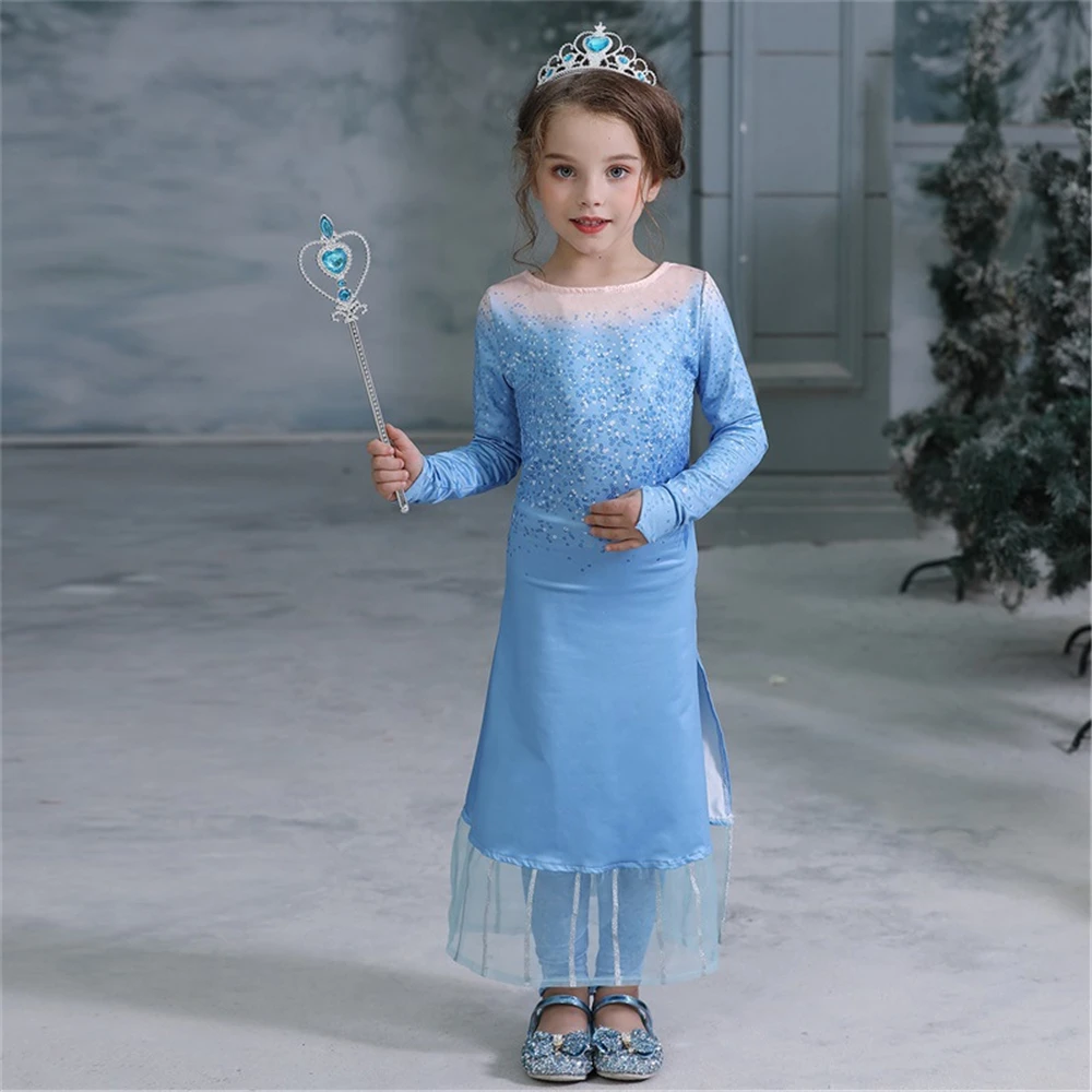 Комплекты с длинными рукавами с изображением принцессы Эльзы; Рождественский костюм Снежной Королевы для девочек; Vestido; Небесно-голубое вечернее платье