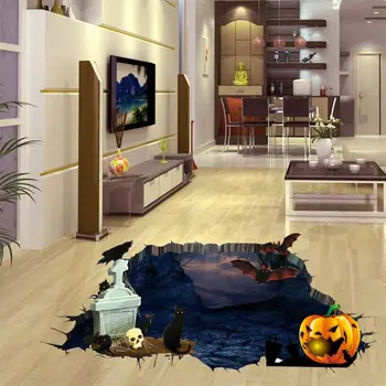 

Wall Stickers For Halloween 3D Vision Black Cat Bat Skull Floor Wall Sticker Feastival Room Decoration Dropshipping