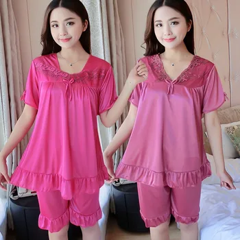 

Silk Satin Sexy V-neck Lace Lingerie Shorts Pajama Sets for Women 2020 Summer Short Sleeve Sleepwear Femme Homewear Pijama Mujer