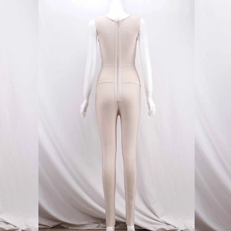 Fashion Beige Sleeveless Bandage Jumpsuit V Neck Hollow Out Solid Bodycon Sexy Women Summer Elegant Celebrity Party Club
