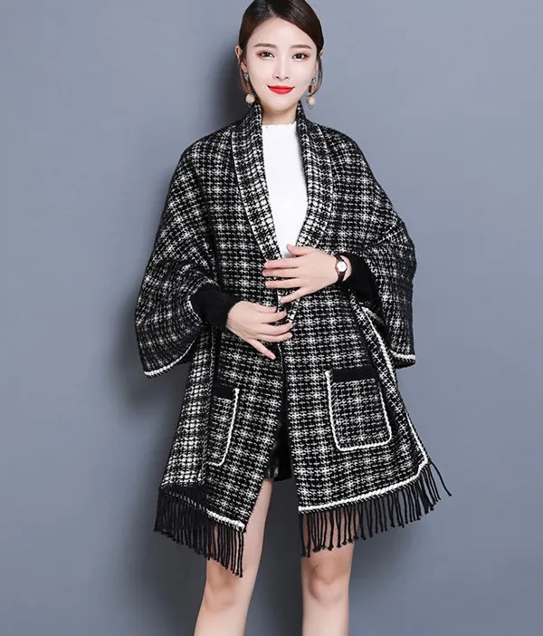 Black Plaid Cape Один размер, женский свитер, весна-осень, толстая накидка, женское клетчатое пальто из искусственной норки, элегантный женский свободный вязаный кардиган для женщин - Цвет: Black Plaid Cape