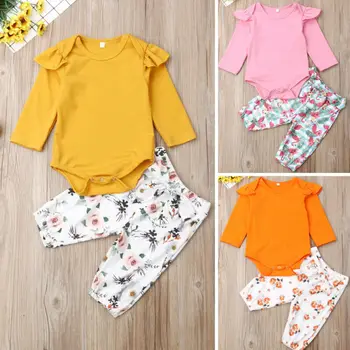 

CANIS 2PCS Newborn Baby Girls Boys 2019 Autumn Cotton Long Sleeve O Neck Romper Floral Bowknot Pants Outfits