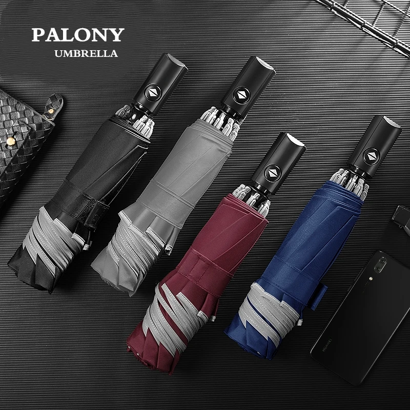 PALONY-Reverse Three Fold Umbrella, Creative High Reflective Stripe Design, Business Automatic Women's and Men's Umbrella