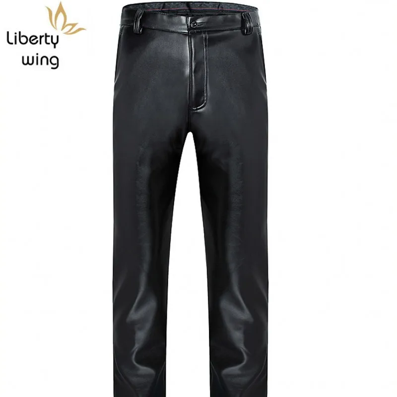 

Winter Velvet Thickening Soft PU Leather Mens Full Length Pants Plus Size 29-42 High Waist Male Loose Smart Casual WarmTrousers