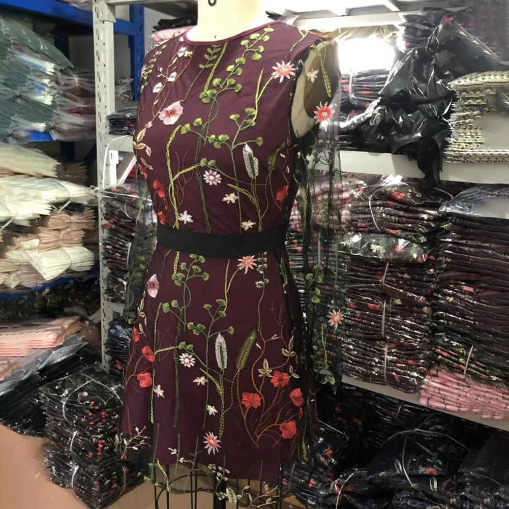 Женское винтажное Сетчатое платье с цветочной вышивкой летнее Мини-Платье Бохо прозрачное черное платье Vestidos De Festa