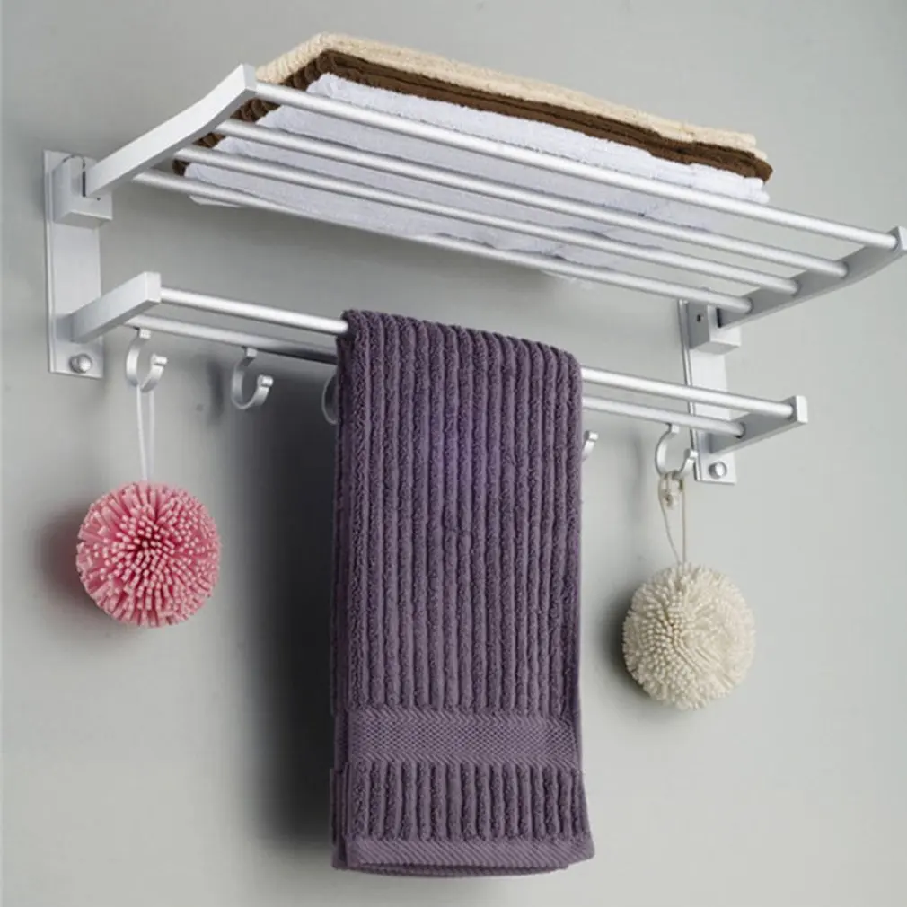 

Alumimum Foldable Bathroom Towel Rack Holder Storage Hanger Kitchen Hotel Washcloth Clothes Shelf With Hooks