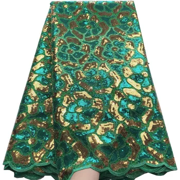 

(5yards/pc) high quality green gold African sequins French net lace fabric with beads and wonderful embroidery for party FLH018