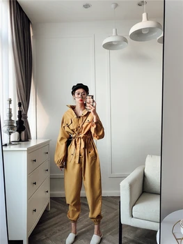 

Fashion Women's Safari Style Yellow Overalls With Belt Buttons Front Loose Full Length Casual Thin Free Shipping A1