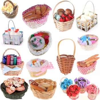 

New Trash Cans Bath Fruit Bamboo Bread Toast hot dog Egg Sewing Tools Weaving Storage Basket Dollhouse Furniture Toys