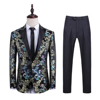 

Men Blazer Fashion Dragon Pattern High Quality Slim Jacket+Pant Wedding Groom Singer Host Stage Costume Party Prom 2 pieces Set