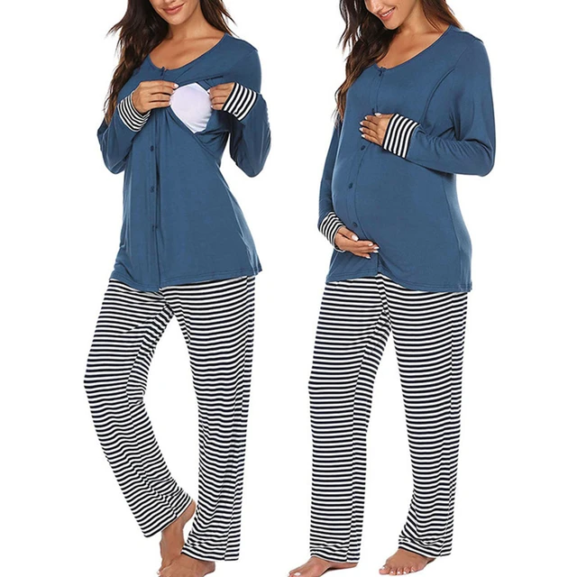 Pijama de Lactancia Invierno Ropa Premamá Embarazadas Algodón Mangas Largas  (Azul,S): : Moda