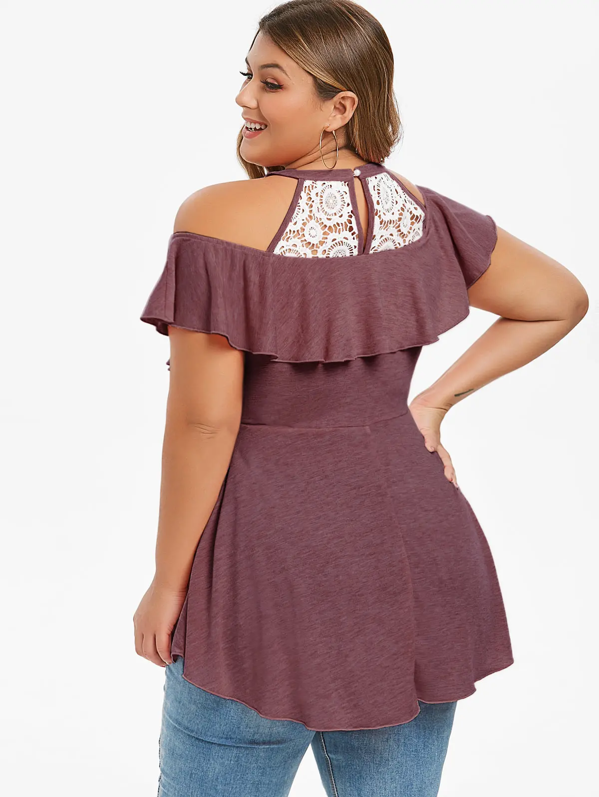Rosegal Large Size 5XL Sexy Peplum T-Shirts Lace Crochet Long Tunic Top Women Big Size Summer Ruffle Tshirts