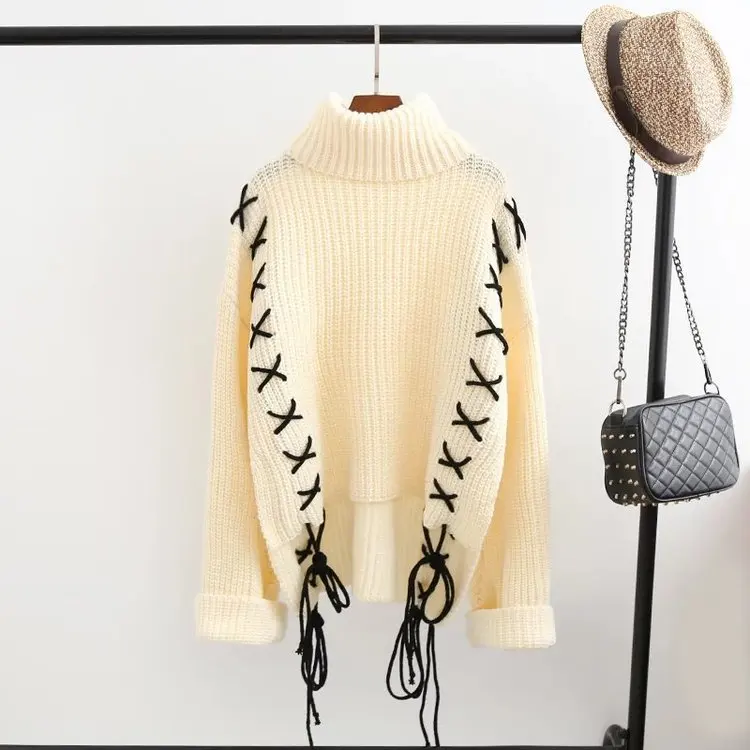 

Winter New Style Japanese-style Handmade Bandage Cloth Sweater High Collar Pullover Sweater Women's Loose-Fit Thick Sweater S228