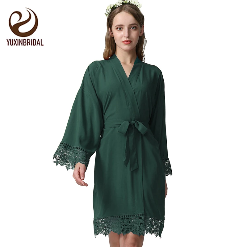 YUXINBRIDAL темно зеленое вискозное Новое однотонное хлопковое кимоно халаты с