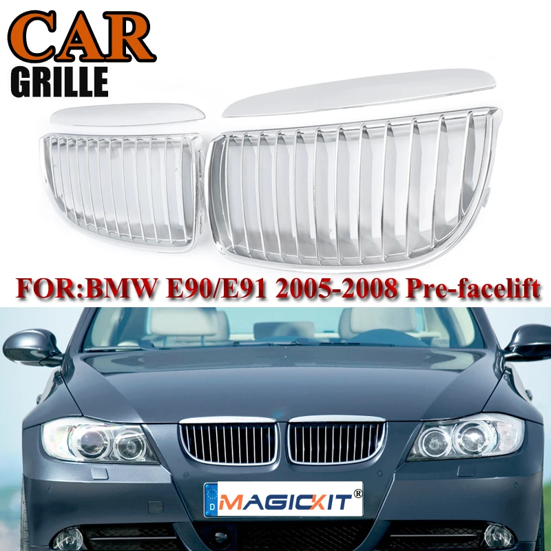 

MagicKit Car Front Grille Kidnery Grills for BMW 3-Series E90 Sedan E91 Wagon 320i-335i 2005-2008 Facelift Imitation Chrome Silv