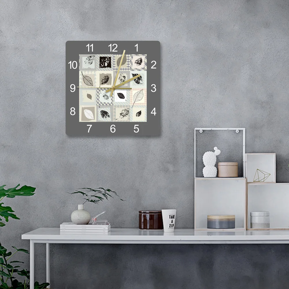 Leaf Texture Pattern Minimalist Fashion Printed Acrylic Wall Clock Modern Design Home Decor Non Ticking Quartz Hanging Clocks