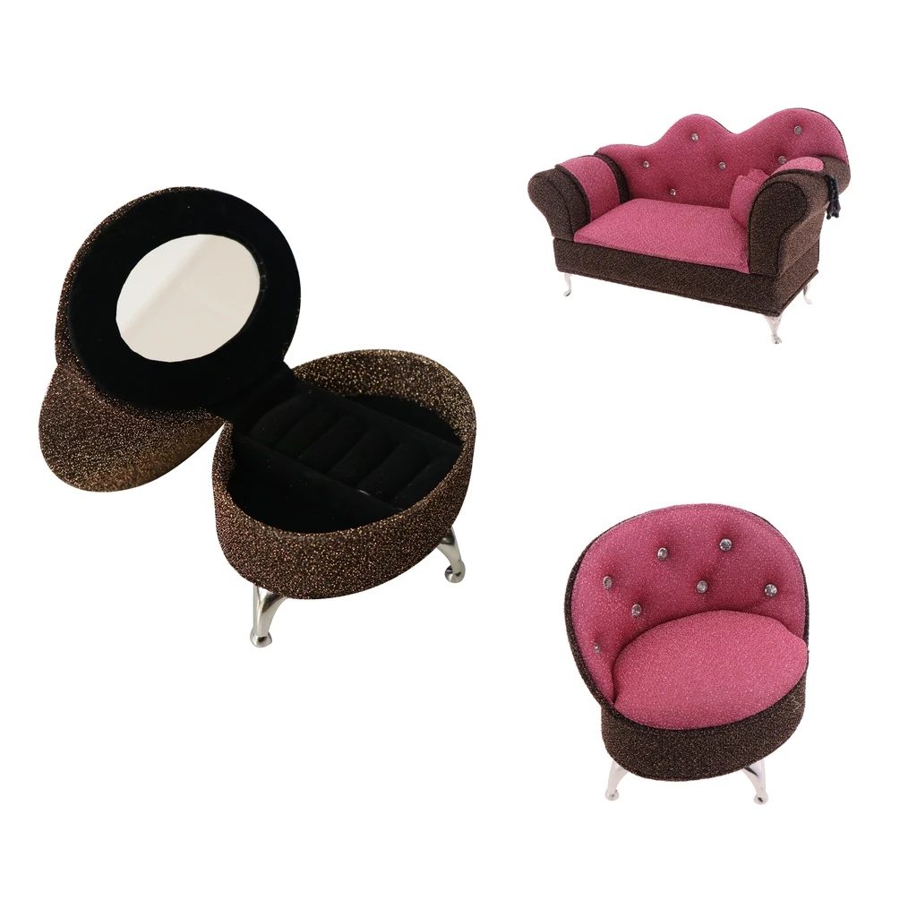 2pcs 1/6 Dollhouse Living Room Furniture Chaise & Single Sofa Set Jewelry Box Accessory