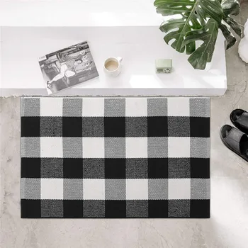 

Hand-Woven Cotton Plaid Area Rug Anti-Slip Modern Area Rugs Balcony Bathroom Printed Carpet Doormat Hallway Geometric Bath Mat