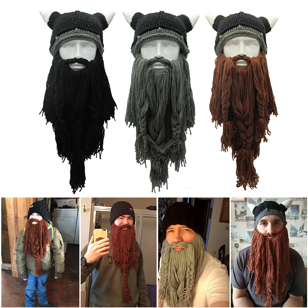 

Winter Interesting Barbarian Foldaway Beard Hats Viking Horns Bearded Sports Keep Warm Knit Cycling Cap Winter Outdoor Ski Hat