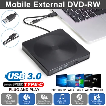 Unidad de DVD externa óptica tipo C, USB 3,0, reproductor de CD ROM, grabador de CD-RW, grabadora portátil para ordenador portátil, Windows y PC