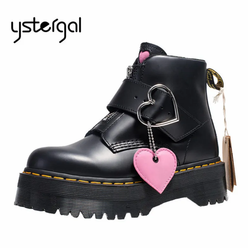 

Ystergal Cute Loving Heart Design Women Ankle Boots Platform Shoes Woman Punk Botas Mujer Flat Rubber Shoes Short Booties