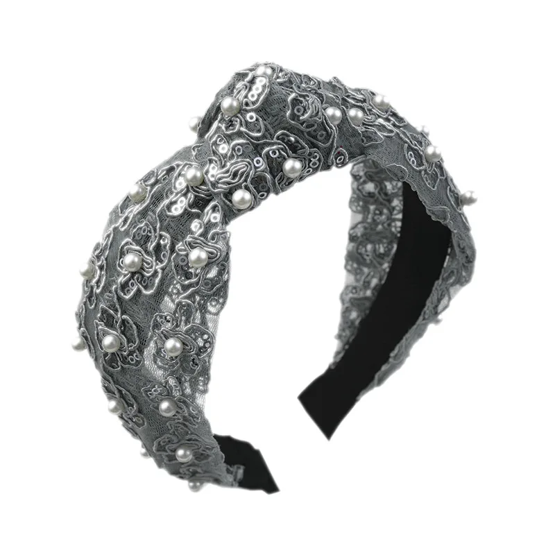Sweet Ladies Pearl Headband Boutique Headwear Fashion Sequins Lace Hairband Top Knot Headband for women and girls