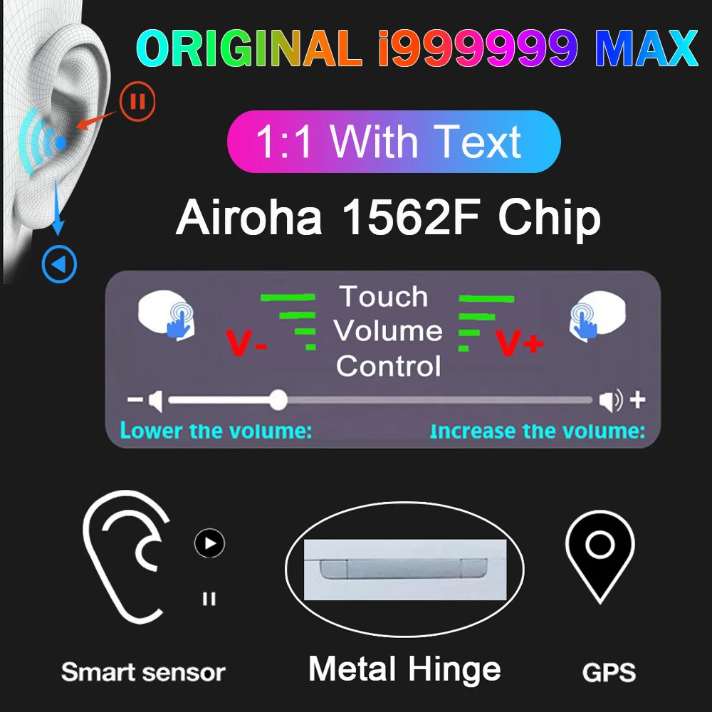 Беспроводные TWS наушники i999999 MAX с регулятором громкости Bluetooth 1:1 текстом вкладыши