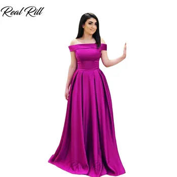

Real Rill Off The Shoulder Prom dresses 2019 Long Satin A-Line Dress Strapless Lace Up Back Floor Length Wedding Party Dress