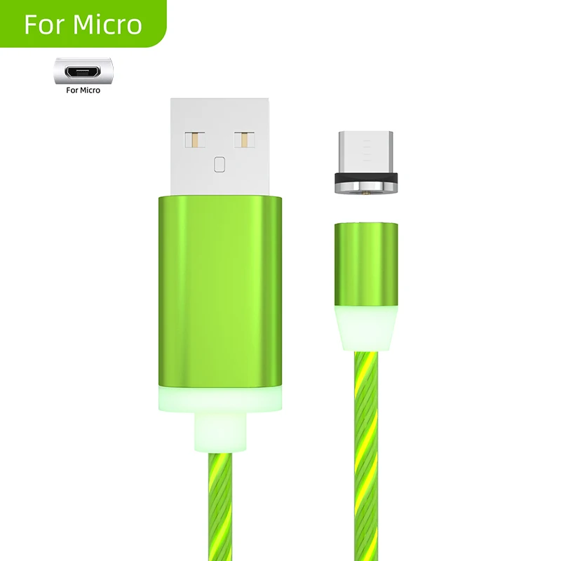 Магнитный кабель светодиодный светящийся Micro usb type C зарядное устройство с интерфейсом Lightning для iPhone samsung Быстрая зарядка USB-C кабели для мобильных телефонов type-C - Цвет: Green for Micro