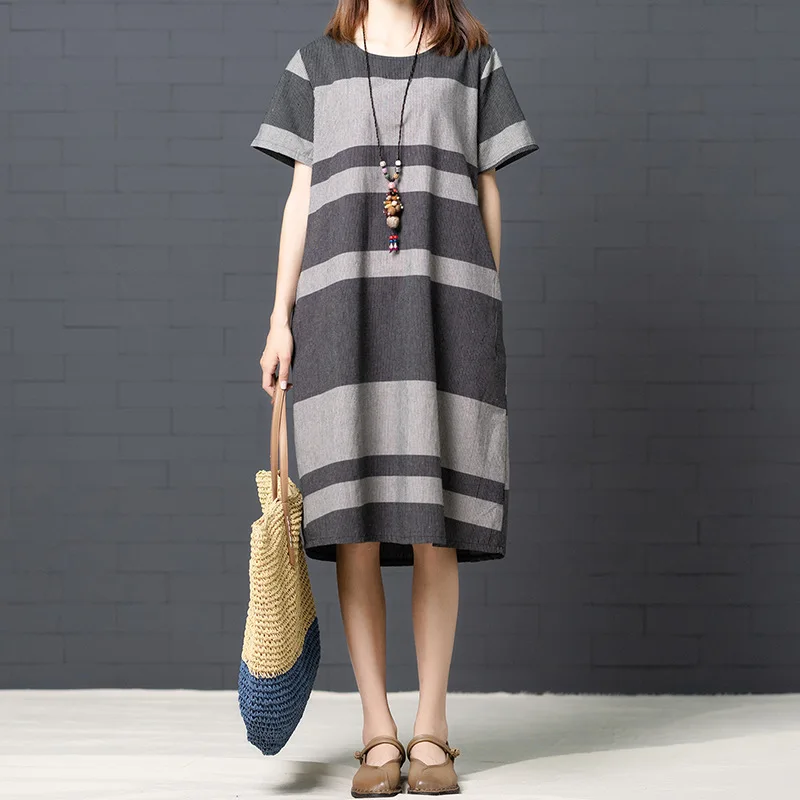 

Summer New Style 2018 Korean-style Loose And Plus-sized WOMEN'S Dress Fashion Comfortable Cotton Linen Short-sleeve Dress