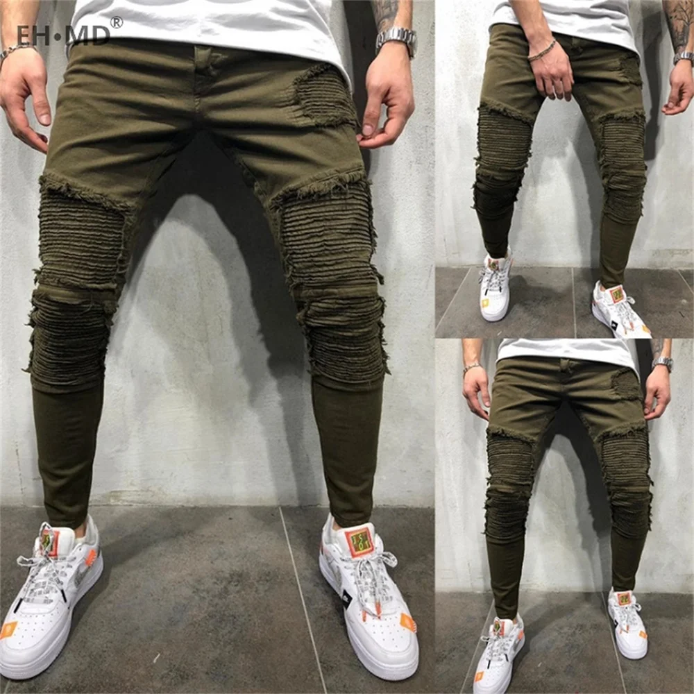 Summer Army Green Stiletto Jeans Men's Ripped Holes Wrinkled Wave Stripes Decorated High Stretch Pants Slim Locomotive Frayed
