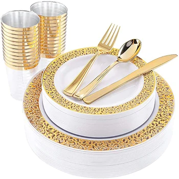 

60pcs Wedding party home supplie Plastic Party Plates for 10 people party Gold Disposable Plates Plastic Silverware Plastic Cups