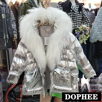 

New Autumn and Winter Women's Down Cotton Jacket Female Large Sheep Fur Collar Midi Long Parka Korean Fashion Padded Coats