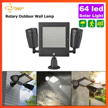 

64LED 360 Rotary Outdoor Wall Lamp Sensor Dual Head Solar Light Security Motion Floodlight Panel Light Garden Street Lamp