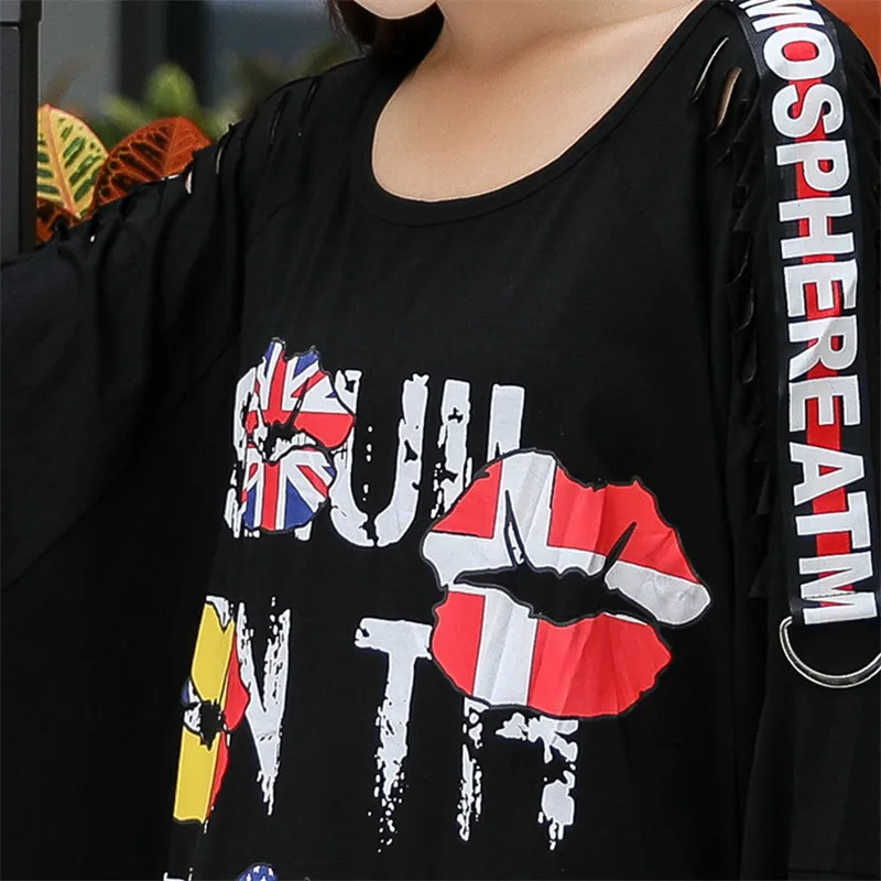New Women's Shirt Autumn Punk Style Stitching Long-Sleeved Large Size Loose Letter Hip Hop Black T-shirt Batwing Sleeve