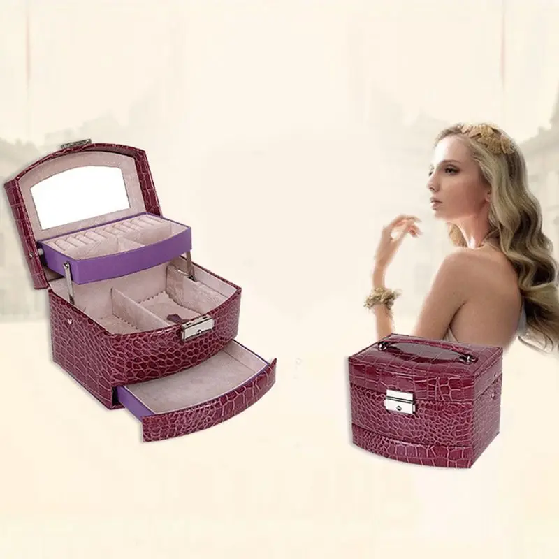 Автоматическая кожаная шкатулка для ювелирных изделий, трехслойная коробка для хранения для женщин, кольцо для сережек, косметический Органайзер, шкатулка для украшений(фиолетовый