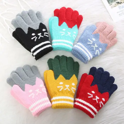 4-8Y New Child Kids Baby Girls Boys Winter Knitted Gloves Cartoon Warm Mittens Toddlers Outdoor Cartoon Cats Cute Gloves