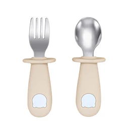 Cartoon Bear Baby Feeding Spoon and Fork Set - BPA-Free Silicone and Stainless Steel Utensils (005-beach sand)