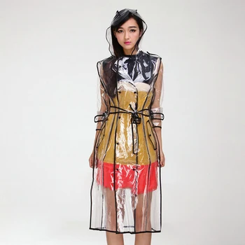 

Ladies Fashion Hooded Raincoats Lightweight Waterproof Transparent Ponchos With Waistband Pure Color Edge Women Rain Coat Cloak