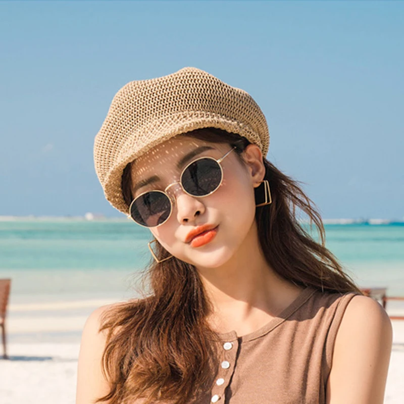 Summer Short Brim Newsboy Hats for Women Adjustable Breathable Straw Beret Lady Caps Vintage Artist Painter Hat Visor Beach