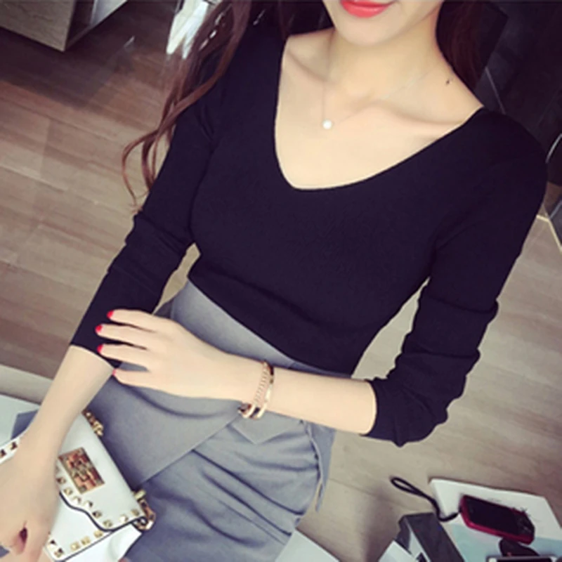 

New Spring Autumn Double V Neck knitted Sweater Women Long sleeve Pullover basic sweaters female 2020 korean version knit Tops