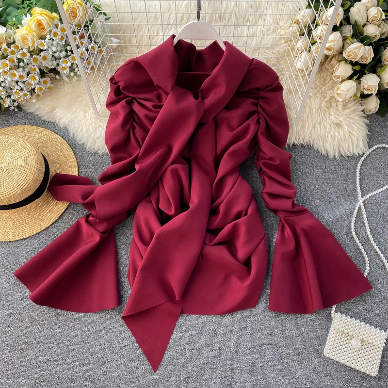 Красный Spring Autumn Vintage Women Blouse Runway Designer Flare Long Sleeve Turtleneck Shirts Tops For Female Fashion - Цвет: Красный