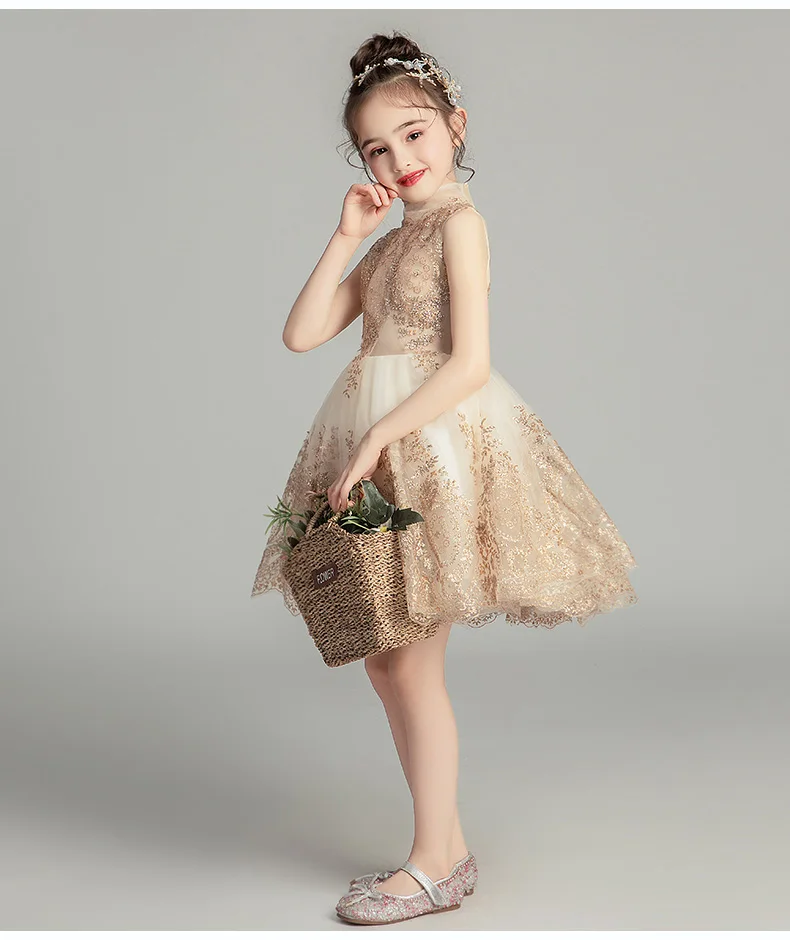 Children's Princess Dress Girl's Wedding Dresses Girl Sleeveless Evening Dress Gold Sequins Dress Baby Girl Baptism Pageant Gown