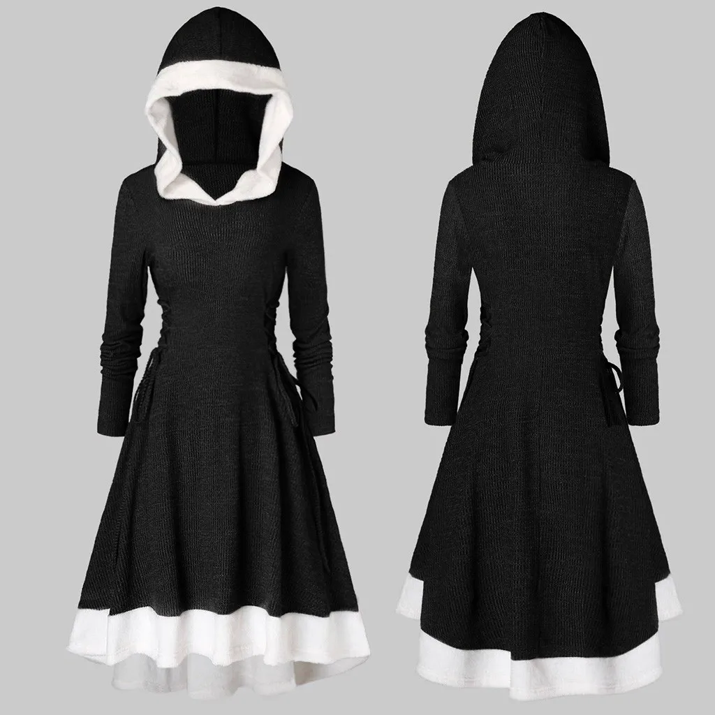 Robe hiver femme, женское платье с длинным рукавом, винтажное, однотонное, размера плюс, с капюшоном, на шнуровке сбоку, зимнее платье, vestidos ropa mujer sukienki