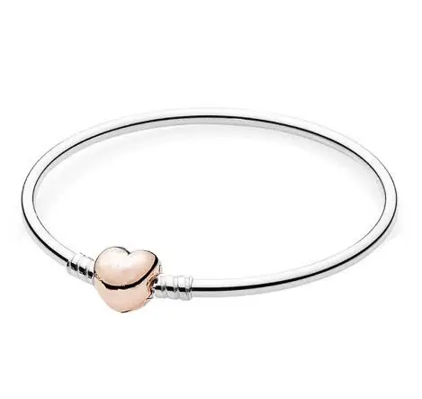 Подлинный 925 пробы Серебряный браслет розовое Золотое любовное Сердце застежка змеиная цепочка базовый браслет подходит для женщин из бисера очаровательное модное ювелирное изделие