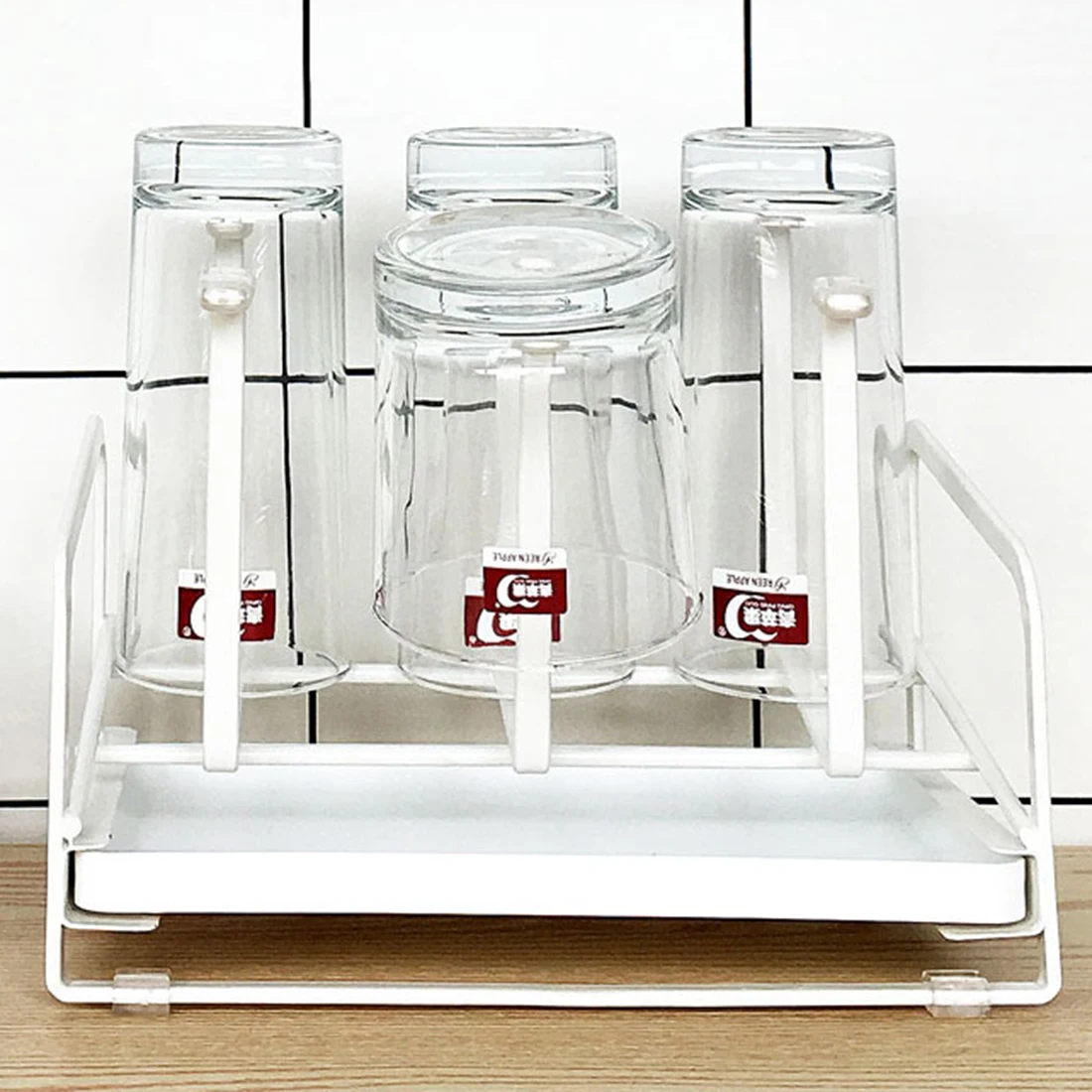 

Wrought Iron Cup Drying Rack Stand Water Glass Organizer Rack with Drain Tray - White